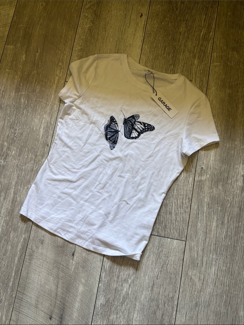 Garage White Tee with Black Butterfly Print